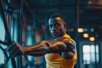 Energetic fitness trainer demonstrating a new workout routine with advanced equipment in a modern gym, emphasizing motivation, health, and cutting-edge fitness tools.