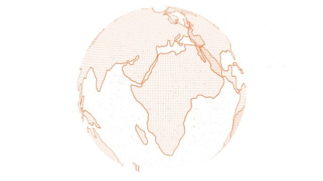 A digital representation of the Earth globe made of lines and dots in orange color on a white background. It symbolizes global connectivity and technological advancements.