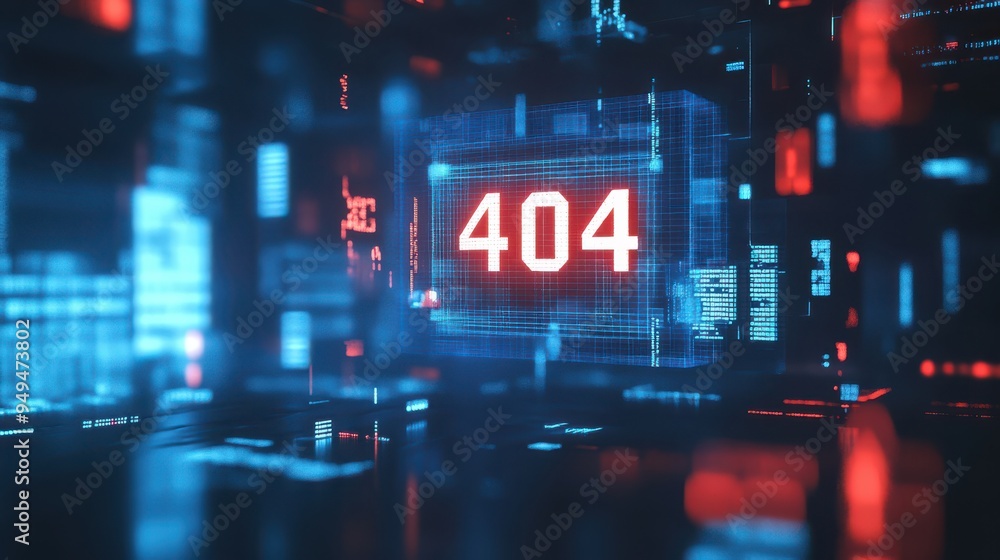 Poster A glowing red 404 error message in a futuristic digital interface, surrounded by blue and red data grids, representing a web error.

