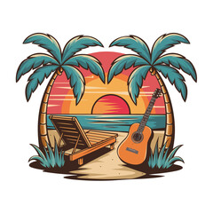 Vibrant, stylized illustration featuring a tropical beach scene at sunset.  T-shirt design