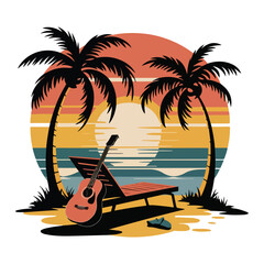 Obraz premium Vibrant, stylized illustration featuring a tropical beach scene at sunset. T-shirt design