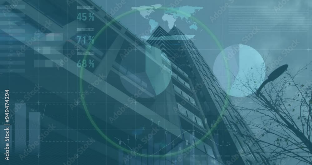 Aufkleber financial data processing animation over modern office building and global map
