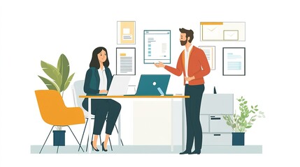 Obraz premium An insurance agent explaining various insurance plans to a couple in a modern office.