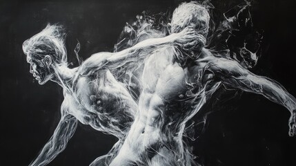 A white charcoal sketch of two figures, seemingly entangled, against a dark background