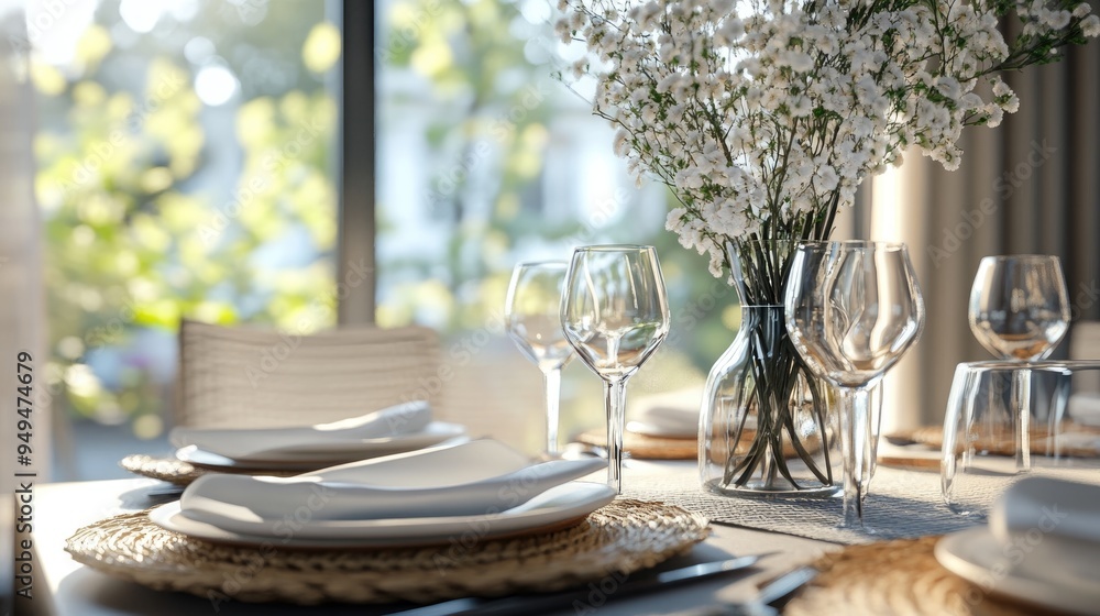 Poster 3D rendering of a tidy table set for snacks or breakfast featuring a straw tableware set elegant plates and a decorative flower for a warm and inviting atmosphere