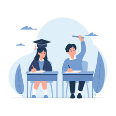 A minimalist illustration of two students in a classroom setting