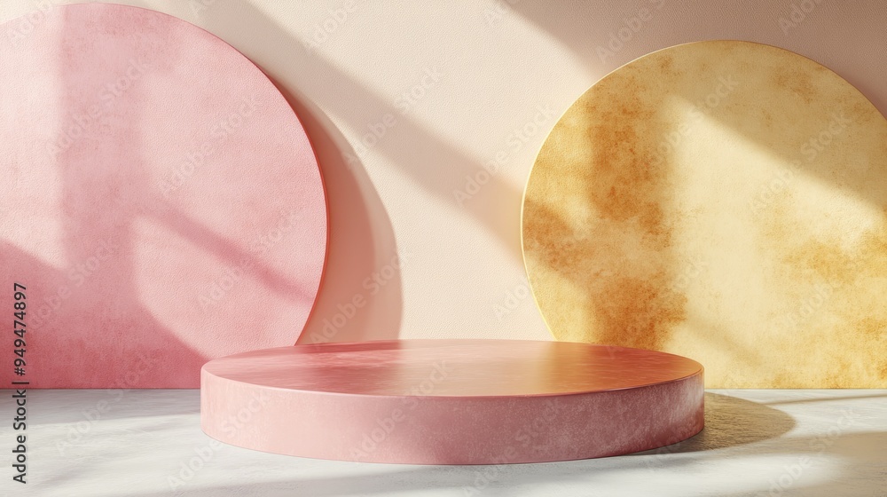 Poster 3D rendering of a minimal empty podium platform background for showcasing products or cosmetics featuring pastel and warm colors in an abstract geometric studio setting