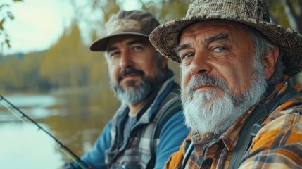 Fototapeta premium Big game fishing. fly fish hobby of men. retirement fishery. happy fishermen friendship. Two male friends fishing together. Catching and fishing. retired dad and mature bearded son.