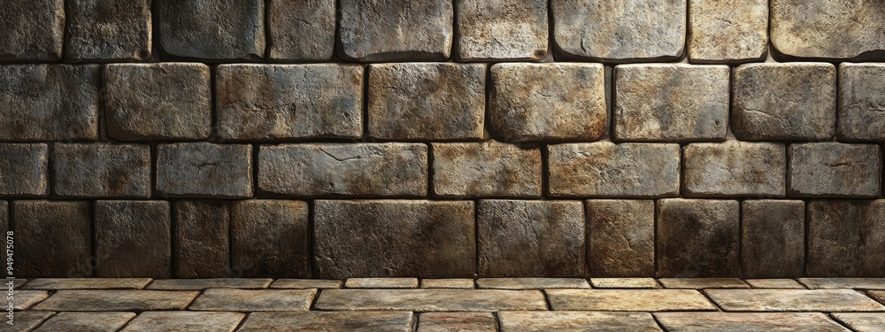 Poster 3d rendering of brickwork featuring a background wall made of stone blocks and cement joints