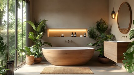 Fototapeta premium A modern bathroom with wooden accents and greenery, providing a tranquil and eco-friendly environment.