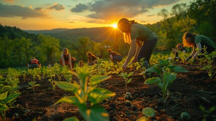 A peaceful scene of a reforestation project with volunteers planting trees, highlighting the importance of sustainability and conservation