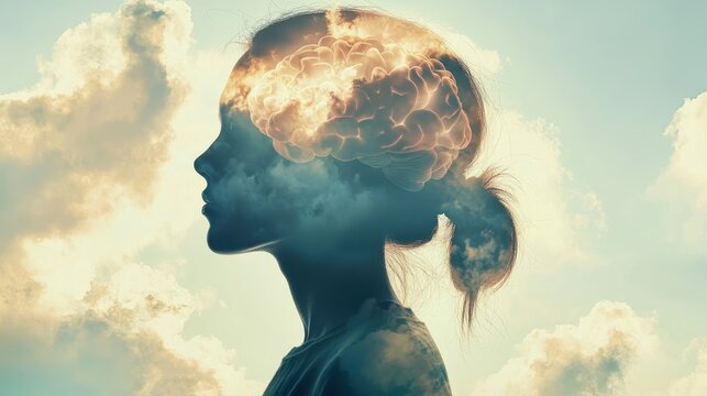 A silhouette of a girl against the sky, representing creativity and imagination with a fiery brain concept.