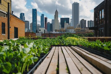 Fototapeta premium Urban rooftop farm with rows of vegetables and herbs. City skyline visible in the background, Generative AI