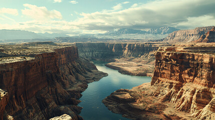 Majestic, towering canyon walls, dramatic rock formations, high quality, photorealistic, breathtaking::1.1 colorful strata, winding river, expansive sky, rugged terrain 