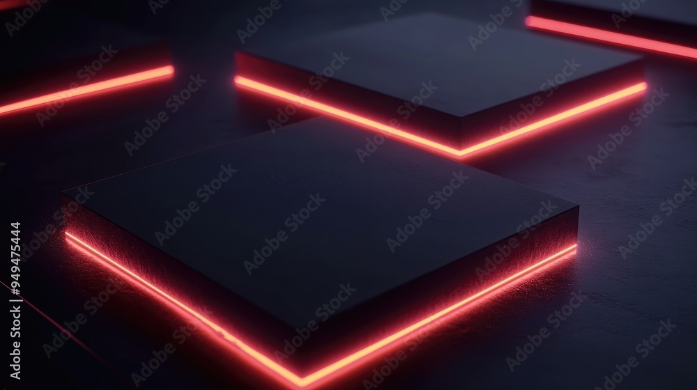 Poster 3d rendering of black geometric shapes illuminated by gradient neon lights against a dark background