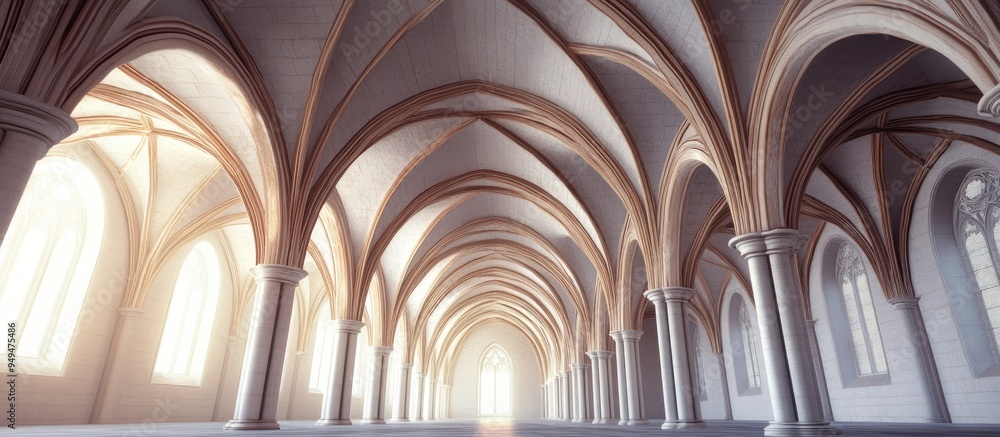 Poster 3D rendering of rib vaulted ceiling and columns in a historic monastery