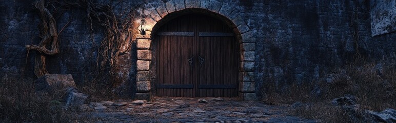 A 3D rendering of a creepy dark cellar surrounded by an ancient dilapidated castle The entrance is sealed with a wooden door and features a roof above creating an eerie atmosphere perfect for Hall