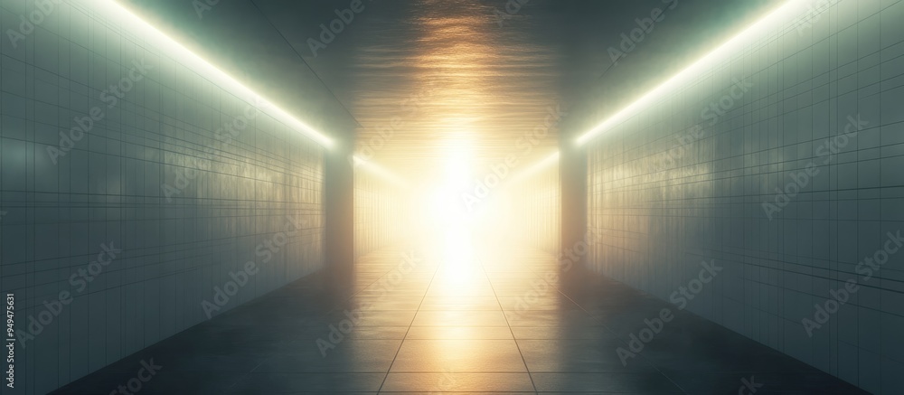 Poster 3d rendering of light emanating from the end of a dim corridor