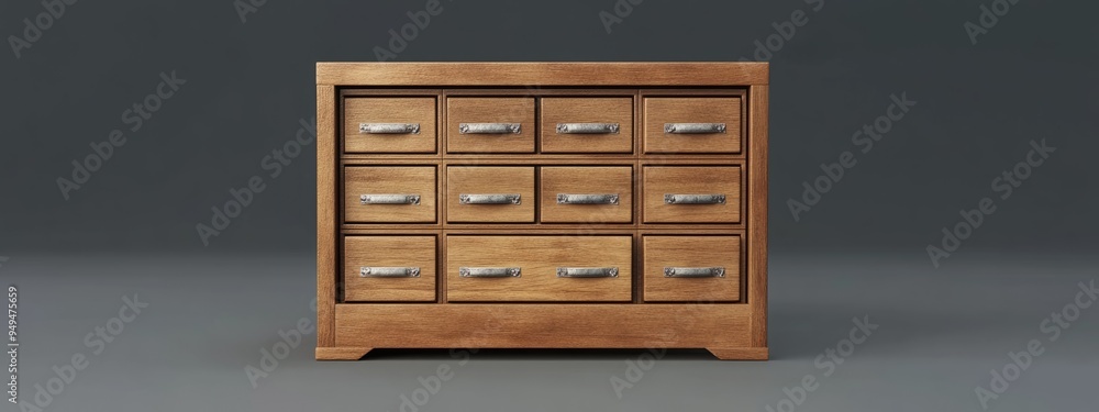 Poster 3d rendering of a wooden catalog file cabinet from the front perspective