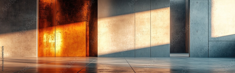 Aufkleber 3d rendering of a smooth abstract interior featuring rusted metal sheets and gray concrete architect