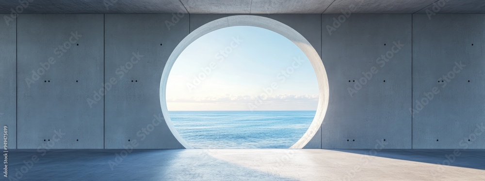 Poster abstract modern concrete room featuring a large round opening with an ocean view 3d rendering of an 
