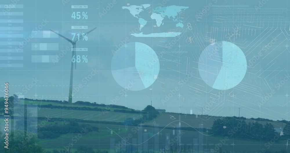Poster lock and data security animation over wind turbines and landscape