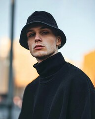 African American Man in black sweater and black bucket hat
