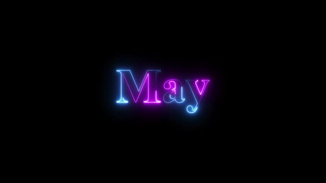 Neon glowing month name May text icon animation on black background.