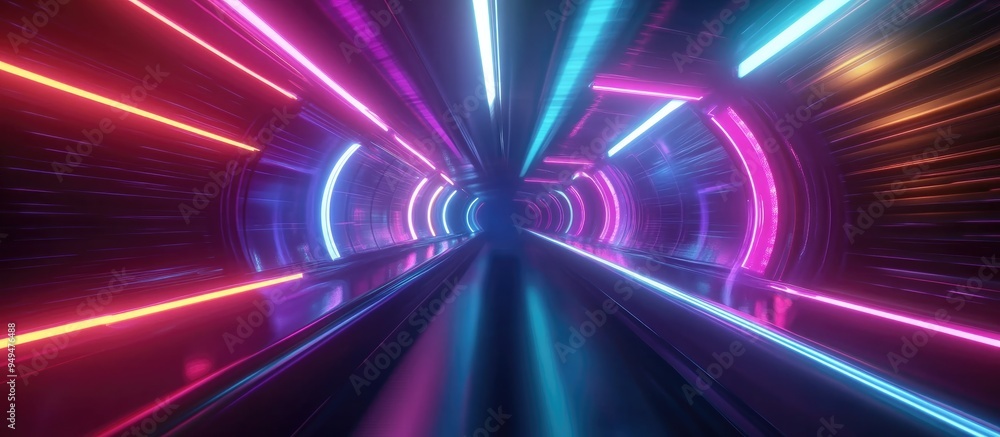 Poster abstract flight in a retro neon hyper warp space tunnel rendered in 3d cartoon style illustration