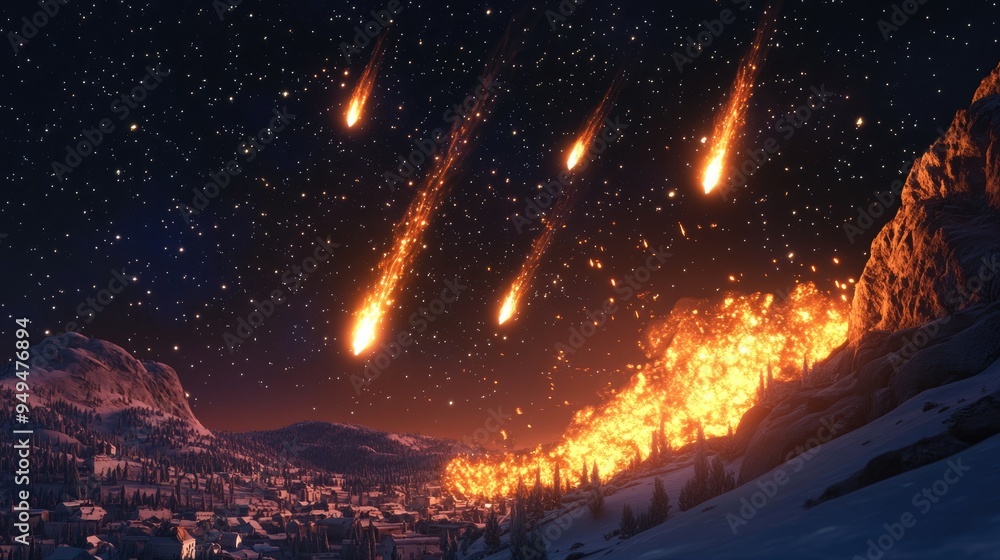 Poster 3d cartoon rendering depicting a meteor shower in the night sky