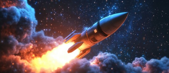Spaceship launching into a starry sky in a 3D cartoon rendering Rocket ascends into space Concept
