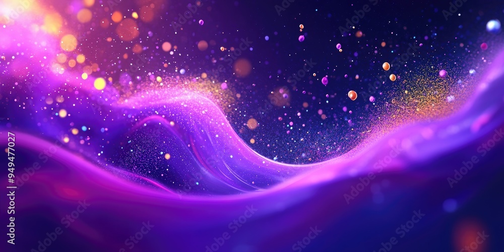 Poster cosmic abstract purple background depicting colorful dust and splashes of paint in a 3d cartoon styl