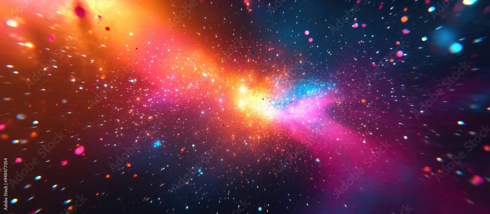 Aufkleber Spectacular multicolored illustration featuring particles and rays in a 3D cartoon style Abstract background design with forms and planets related to science Explosion of stars in space