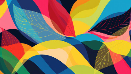 Obraz premium Abstract geometric background with leaf wave shapes in red, blue, yellow, green and purple