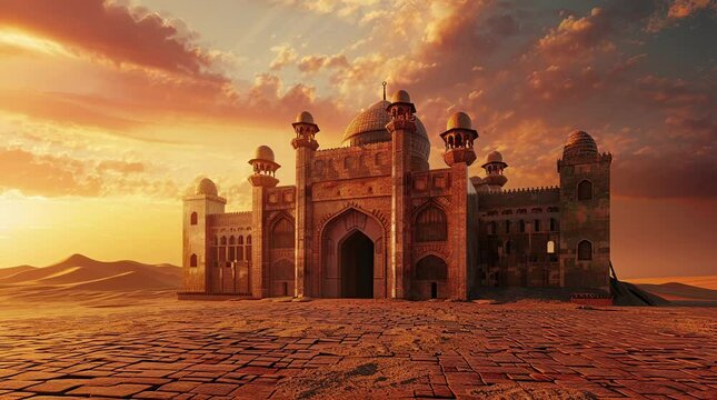 A beautiful mosque standing majestically on a serene desert landscape during the evening, bathed in the soft glow of twi seamless looping 4k time-lapse virtual video animation background. generated ai