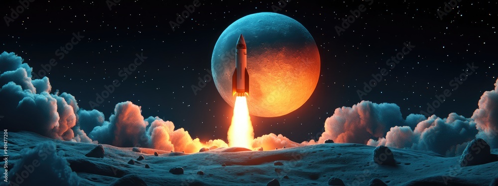 Aufkleber A rocket soaring to the moon in a 3D cartoon rendering with sunlight breaking through behind the moon
