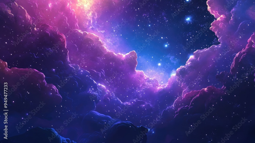 Poster 3d cartoon depiction of nebula and stars in outer space