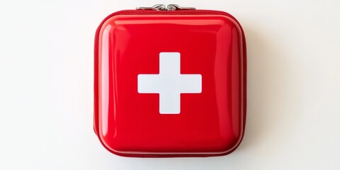 Fototapeta premium A vibrant red first aid kit with a white plus symbol on the lid positioned against a neutral background to emphasize its clarity and purpose