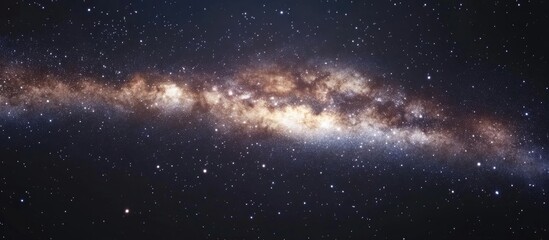 Naklejka premium Close up view of the Milky Way galaxy showcasing stars and space dust in the universe featuring a 3D cartoon rendering and a long exposure photograph with grain