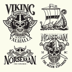 Vintage viking label set in monochrome style