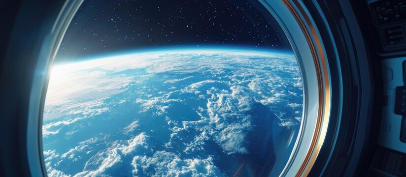 3D cartoon depiction of a spaceship soaring close to a stunning blue planet capturing a window view Concept of space travel and tourism with a beautiful perspective of Earth featuring cloud formati