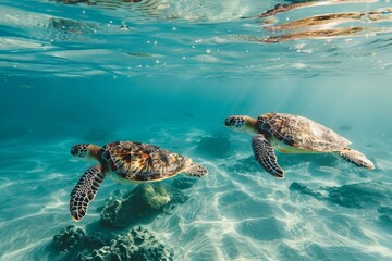 Obraz premium A couple of sea turtles gracefully glide through the ocean waters, Sea turtles gracefully gliding through the crystal-clear water