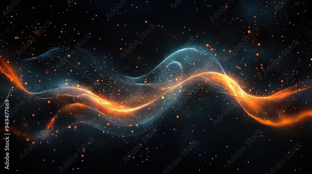 Poster illuminated waves and stars in a dark space creating an abstract illustration
