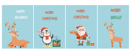 Cute Happy Holidays Xmas vertical cards set. Greeting card or banner with festive elements, cartoon characters. Decorative background for story or social media post. Christmas Hand drawn flat illustra