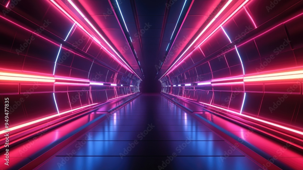 Poster futuristic neon glowing lines in a dark tunnel with reflections on the floors and ceilings creating 