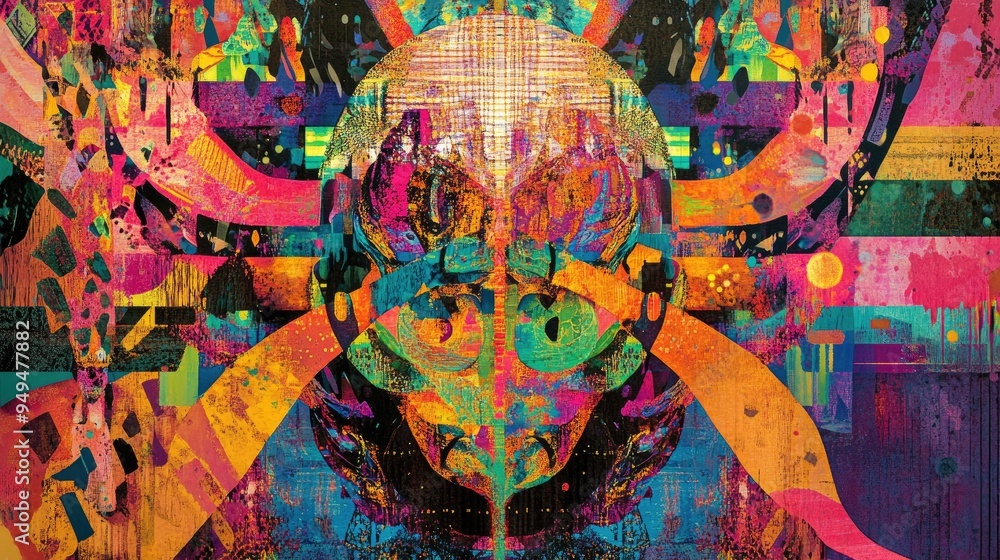 Poster vibrant abstract image featuring colorful graphics and tapestry elements