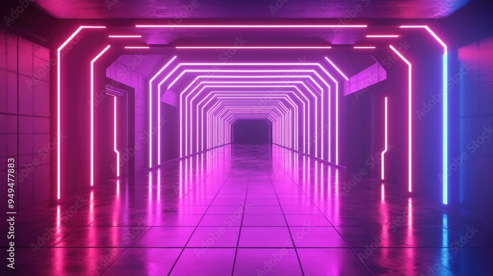 Poster neon glowing lines illuminate a dark tunnel casting reflections on the floor and ceiling creating an
