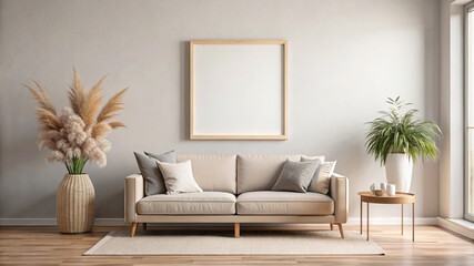 Elegant Room Decor Sofa, Vase, and Blank Wall Art Mockup for Design Inspiration