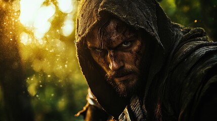 Embrace the Wilderness: Rugged Survivalist in Forest Cloaked in Determination – Perfect Poster for Adventure-Inspired Sports Interiors