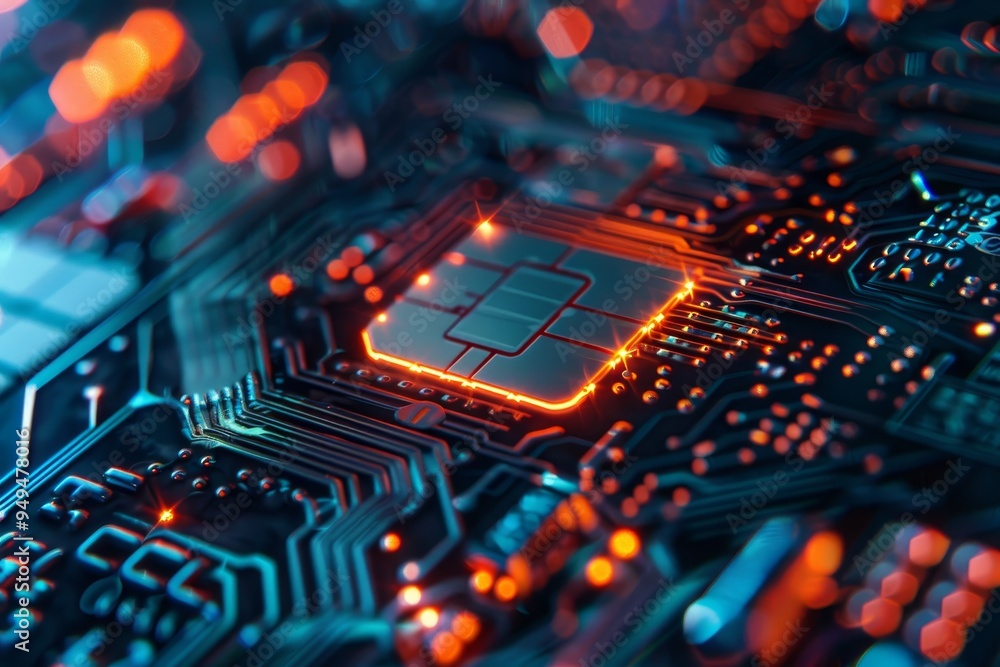 Poster detailed view of a processor chip showing intricate circuitry and secure technology, secure chip tec